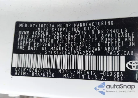 2020 Toyota Corolla Se from USA, damaged, VIN 5YFS4RCE4LP042657